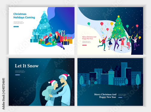 Set of Landing page template or greeting card. Friend or colleagues celebrates Merry Christmas, Happy New Year corporate party. Character romantic couple in love. Christmas tree on urban landscape