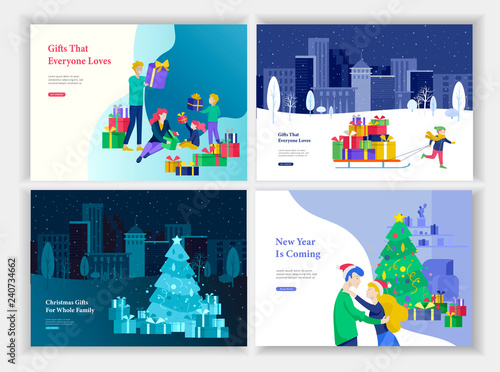 Set of Landing page template or greeting card. Happy family give, unpack gift. Merry Christmas, Happy New Year Character romantic couple in love. Girl to drag sleigh with lot gift on urban landscape
