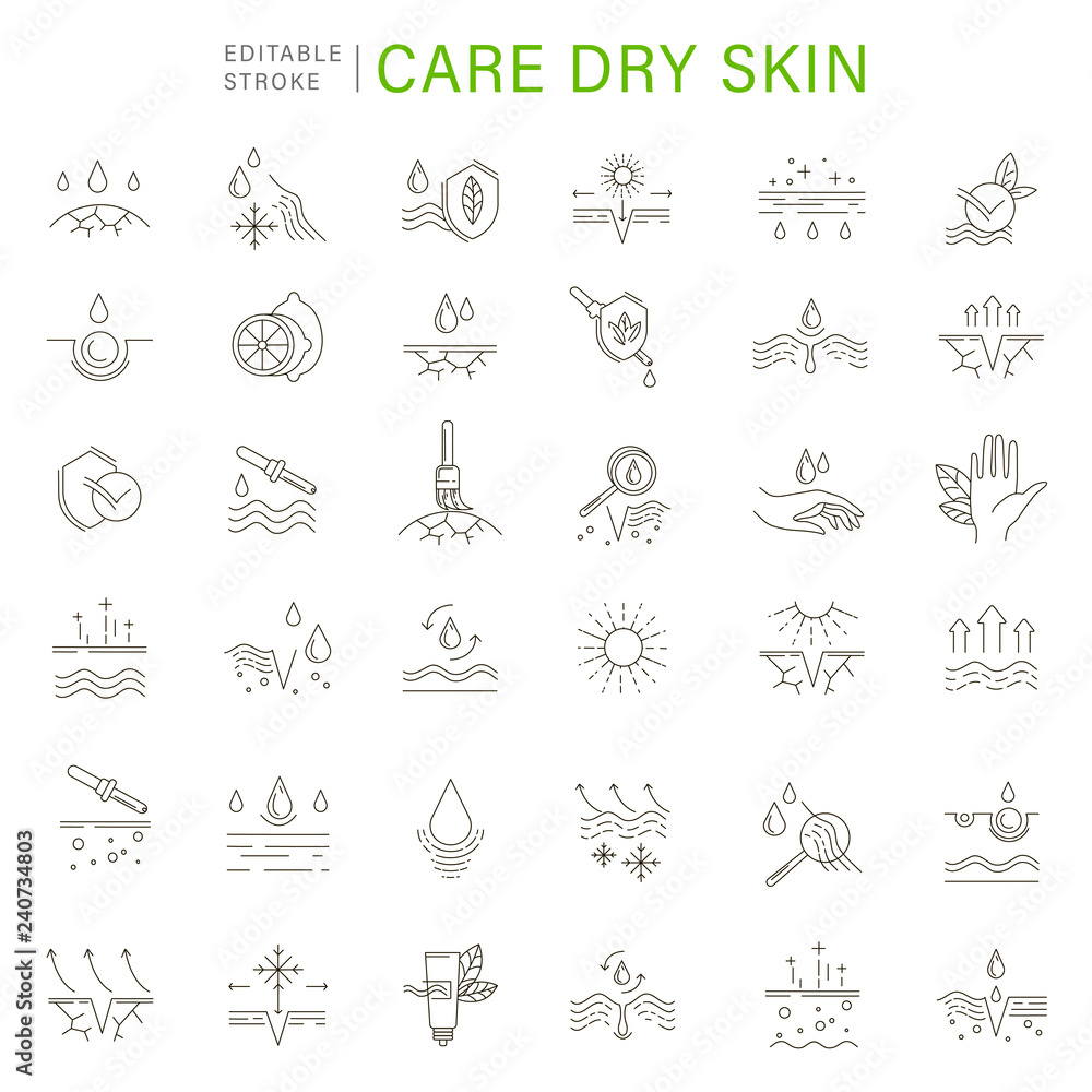 Vector icon and logo for natural cosmetics and care dry skin. Editable outline stroke size.Vitamin E, olive oil, collagen and serum drop elements. Concept illustration. Sign, symbol, element.