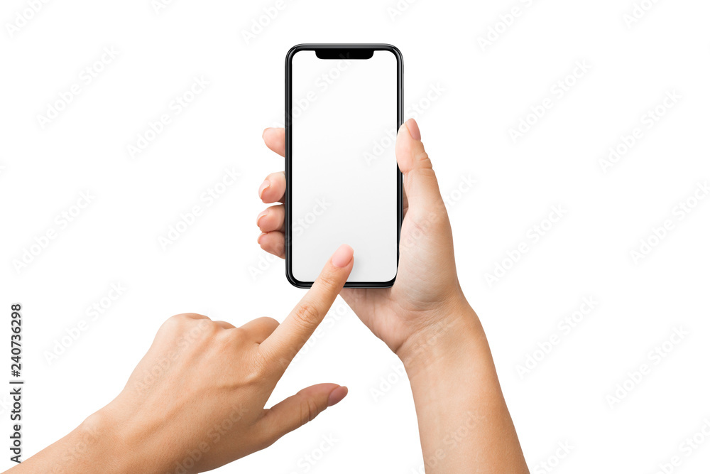 Female hand using blank touchscreen of smartphone - obrazy, fototapety, plakaty 