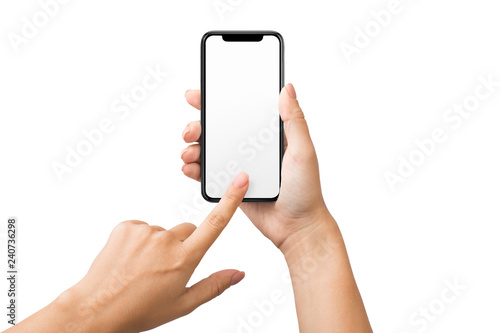 Female hand using blank touchscreen of smartphone