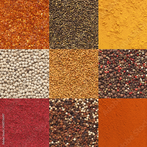 Collage of various herbs and spices as background