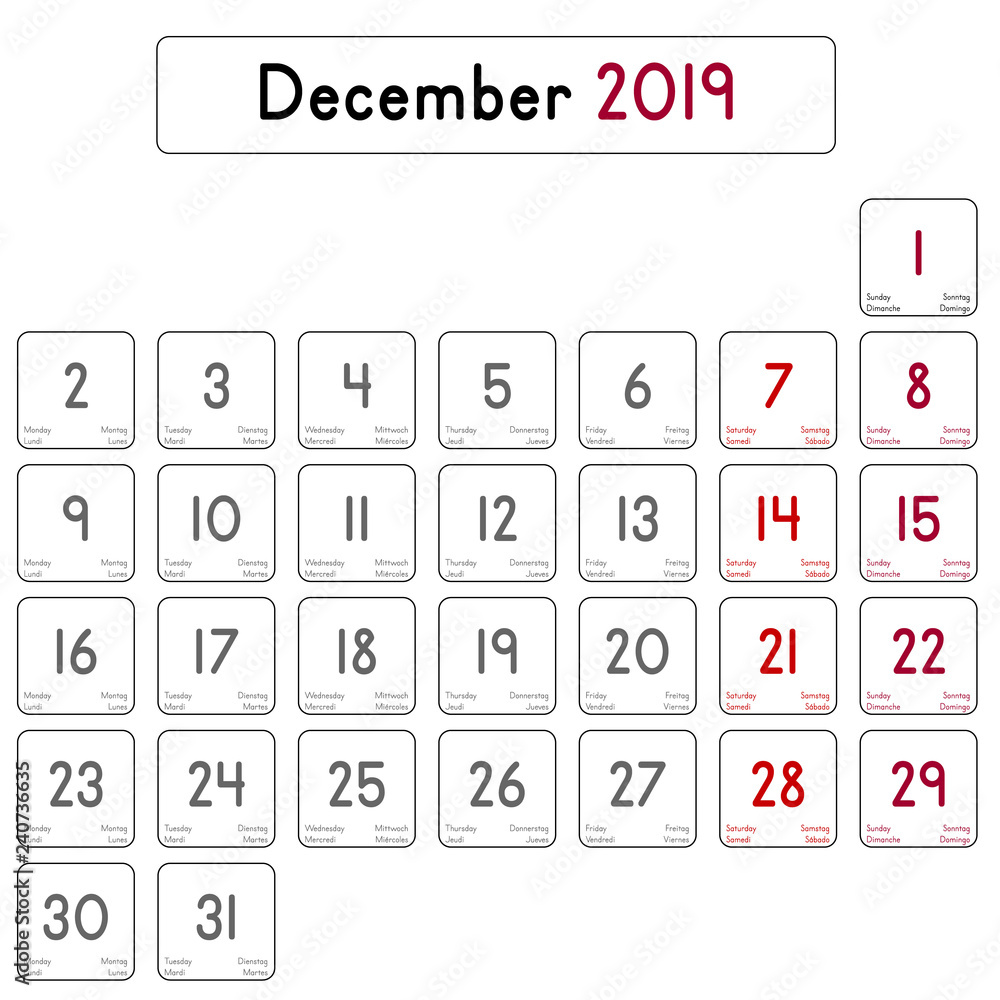 Detailed daily calendar of the month of December 2019 Detailed daily calendar of the month of December 2019