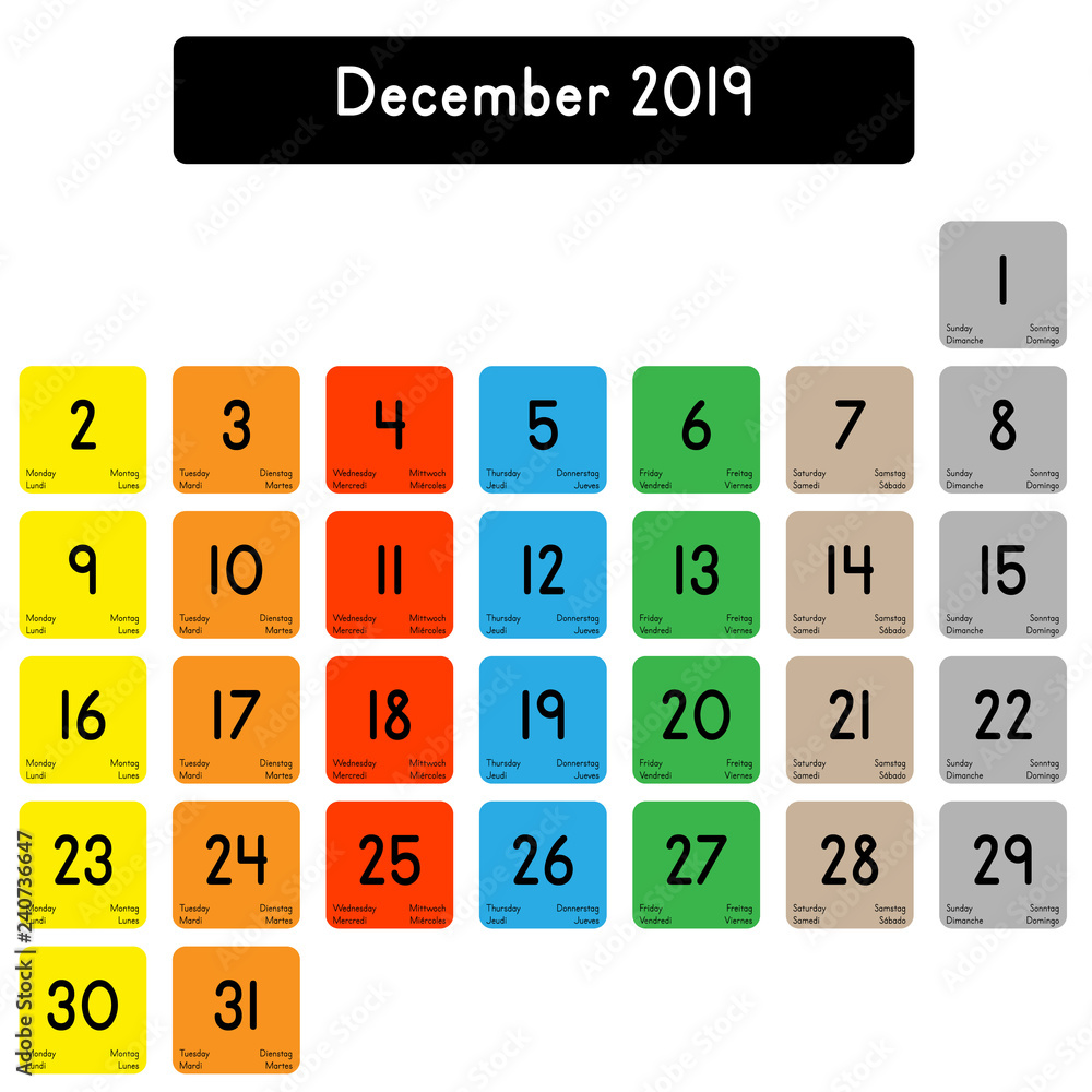 Detailed daily calendar of the month of December 2019 Detailed daily calendar of the month of December 2019