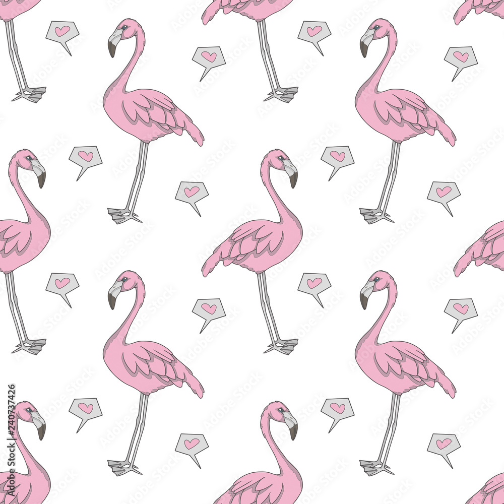 Obraz premium Computer graphic seamless pattern illustration with pink exotic flamingo birds and hearts on white background