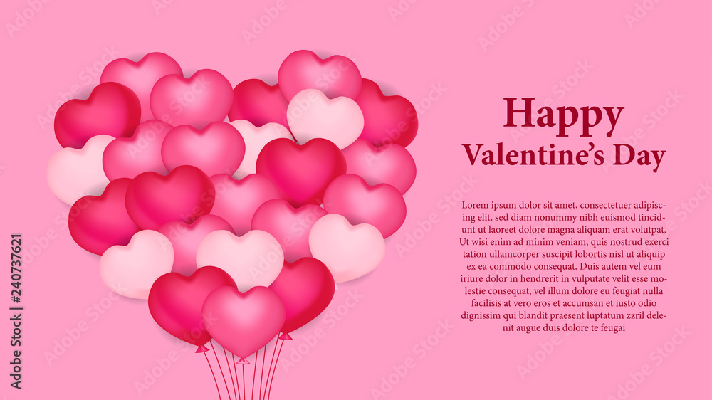 Happy Valentine's day romance love banner template with pink flying helium balloon. Vector illustration