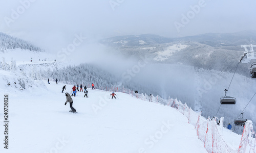 Fototapeta Naklejka Na Ścianę i Meble -  Winter in Szczyrk in Beskidy Mountains - New ski slope from Zbojnicka Kopa to Hala Skrzyczenska opened december 2018