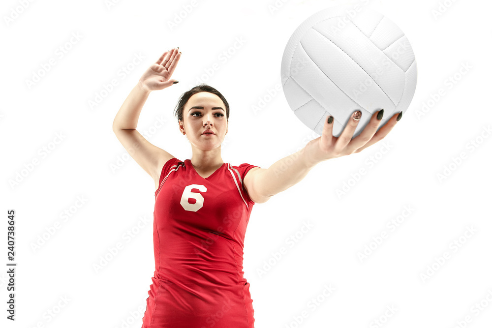 Female professional volleyball player isolated on white with ball. The athlete, exercise, action, sport, healthy lifestyle, training, fitness concept Female professional volleyball player isolated on white with ball. The athlete, exercise, action, sport, healthy lifestyle, training, fitness concept