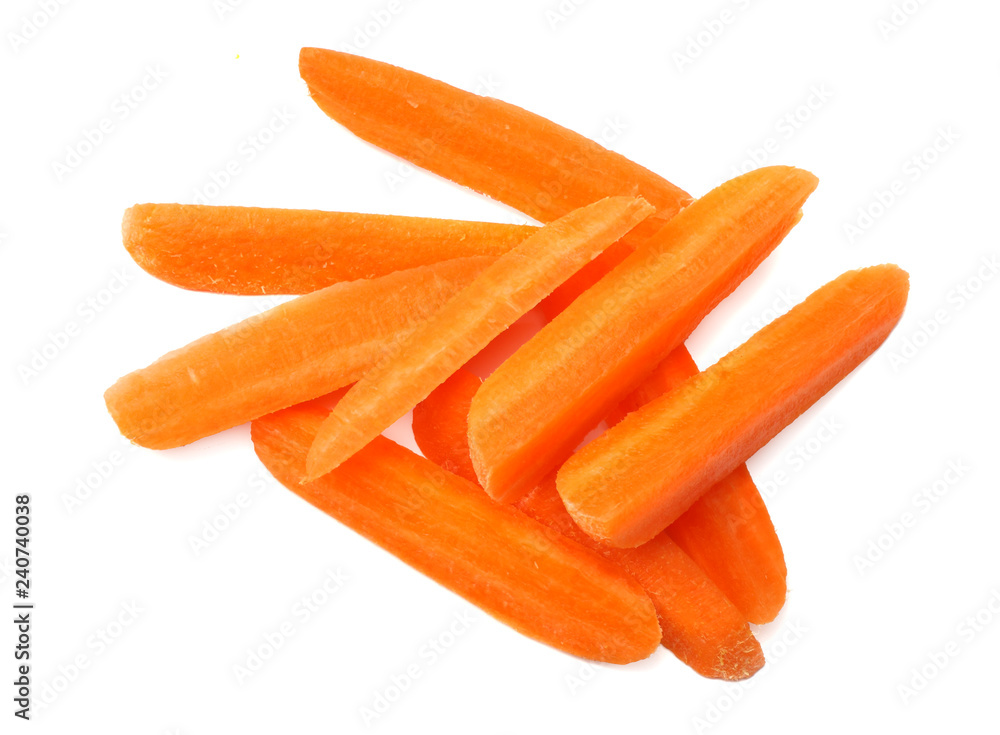 group of organic small baby carrots isolated on a white background. Top view
