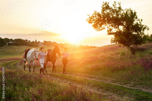 Two woman and two horses outdoor in summer happy sunset together nature © nazarovsergey