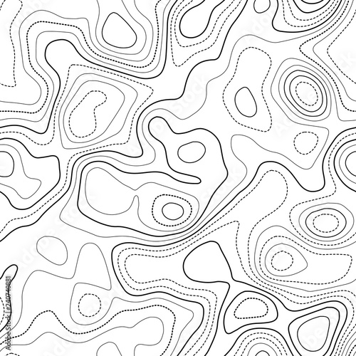 Topographic map lines. Actual topography map. Black and white seamless design, emotional tileable isolines pattern. Vector illustration.