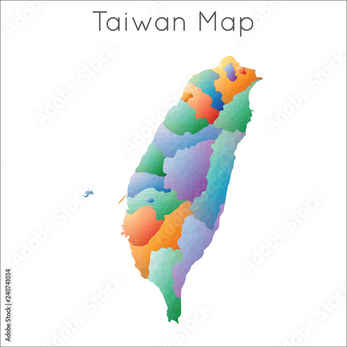 Low poly map of Taiwan with a geometric, polygonal design and bright, abstract shapes.