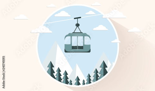 Icon - Ski cable car - mountain landscape - flat style - light background - vector