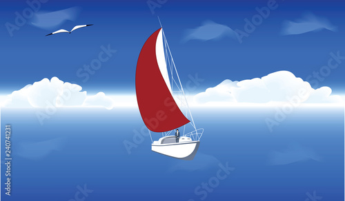 Sea blue, boat, scarlet sail, sky, clouds on the horizon, seagull - art illustration - vector
