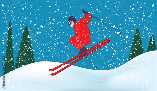 Skier, snowdrifts, fir forest, snowfall - light blue background - art vector illustration