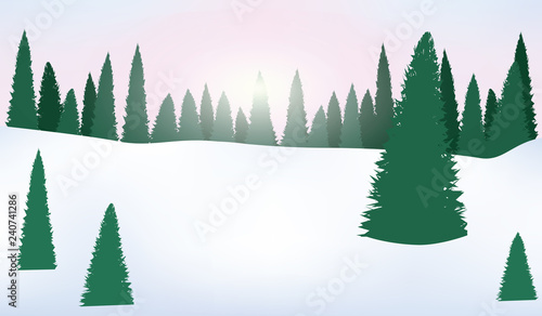 Morning in winter forest, christmas trees and big snowdrifts - vector illustration