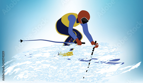 Skier in a whirlwind of snow - light blue background - vector illustration. Winter sports.