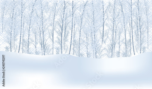 Winter snow-covered forest, snowdrifts - light abstract background - vector illustration