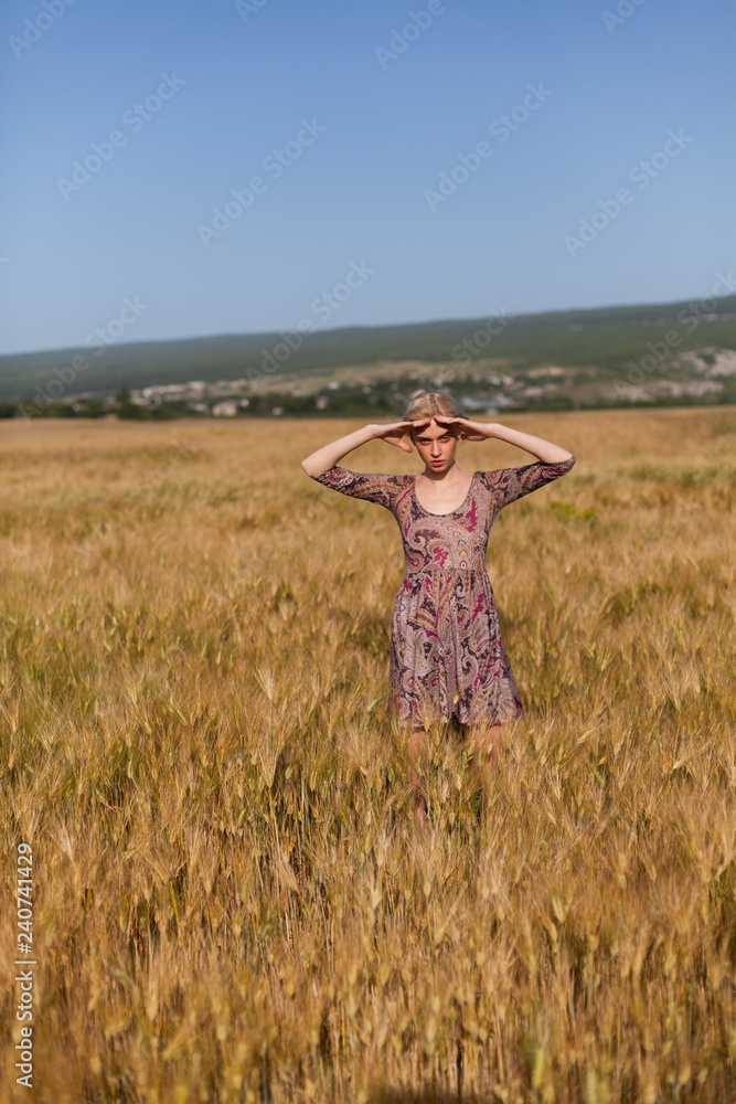 a woman farmer in field of wheat harvest a woman farmer in field of wheat harvest