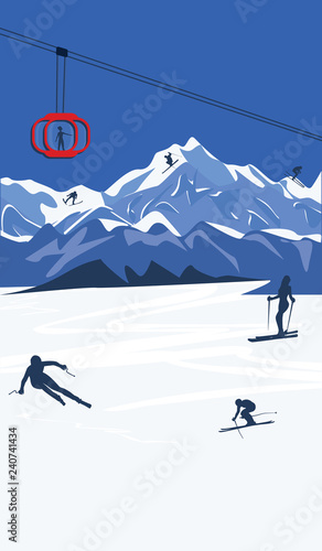 Mountain landscape - skiers - cable car, funicular - - flat style - vector illustration