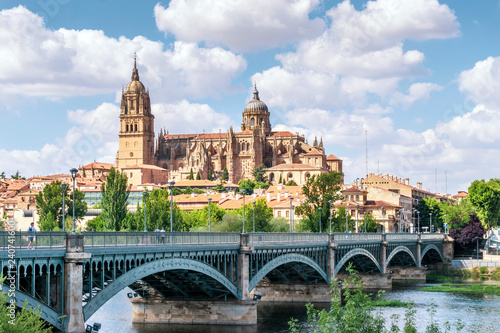 Salamanca with bridge over Tormes river and cathedral  Spain