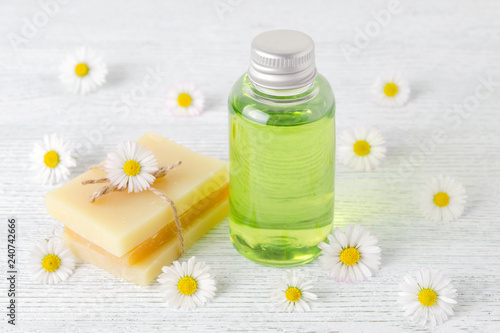 natural hair shampoo, handmade soap bar with fresh chamomile flowers