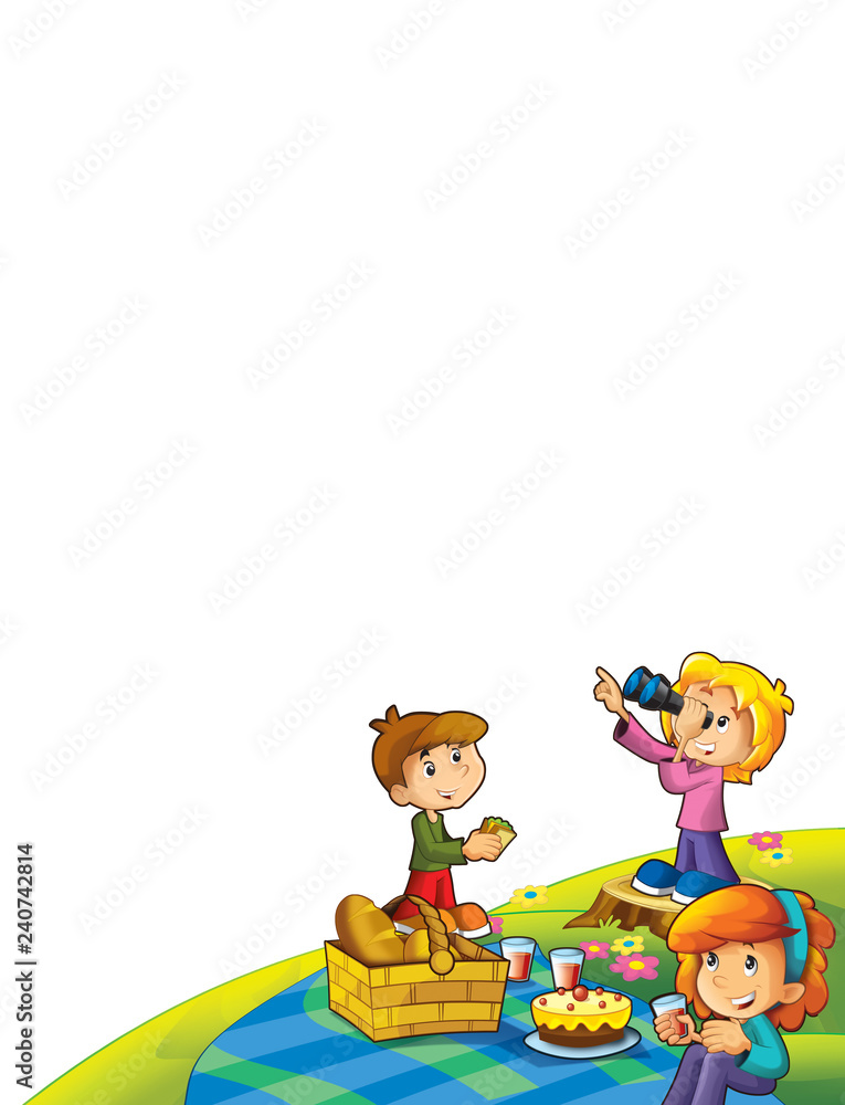 cartoon scene with kids in the park on the grass having picnic - on white  background - template with space for text - illustration for children Stock  Illustration | Adobe Stock