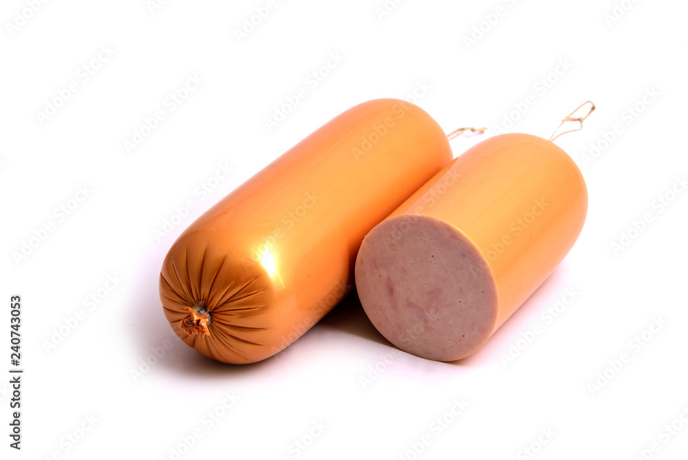 Boiled large pork sausage whole and sliced isolated on white background Boiled large pork sausage whole and sliced isolated on white background