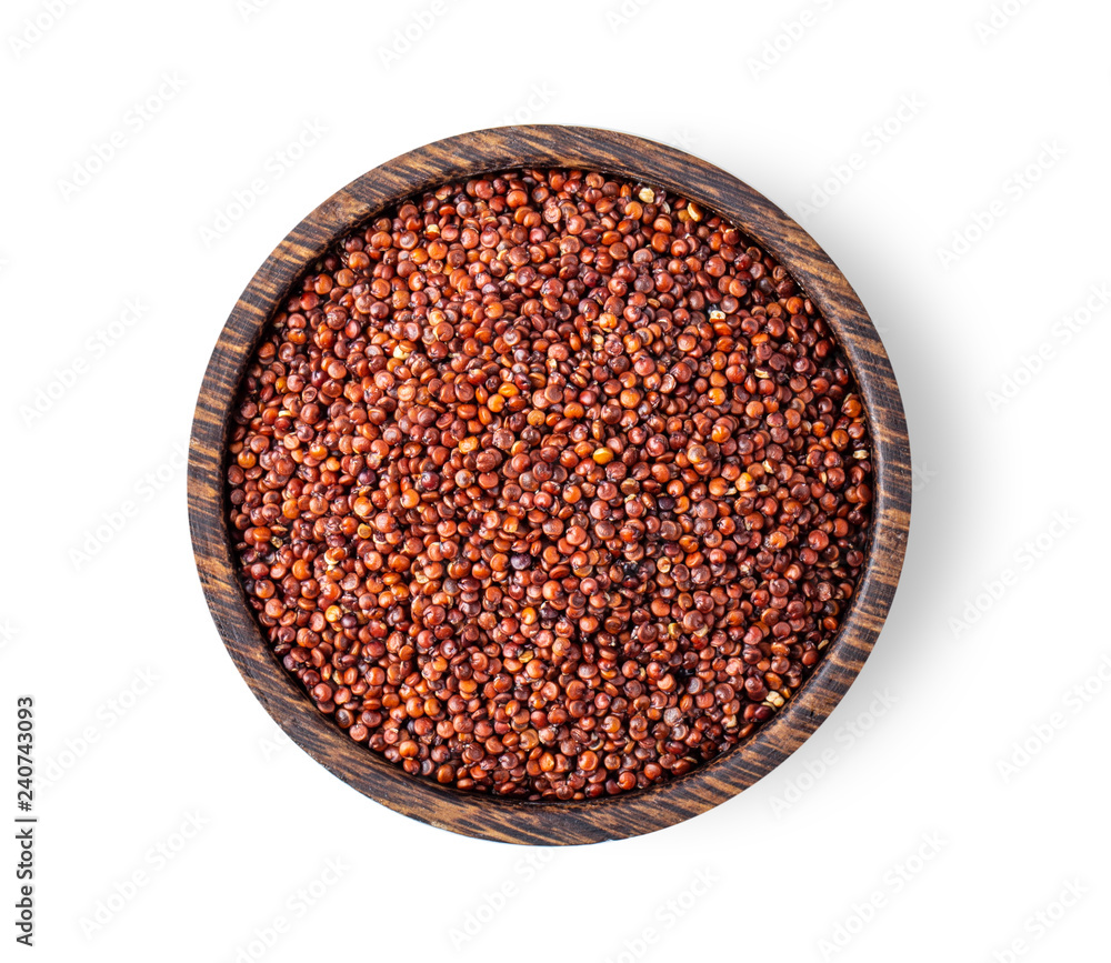 red quinoa in wood bowl isolated on white background. top view red quinoa in wood bowl isolated on white background. top view