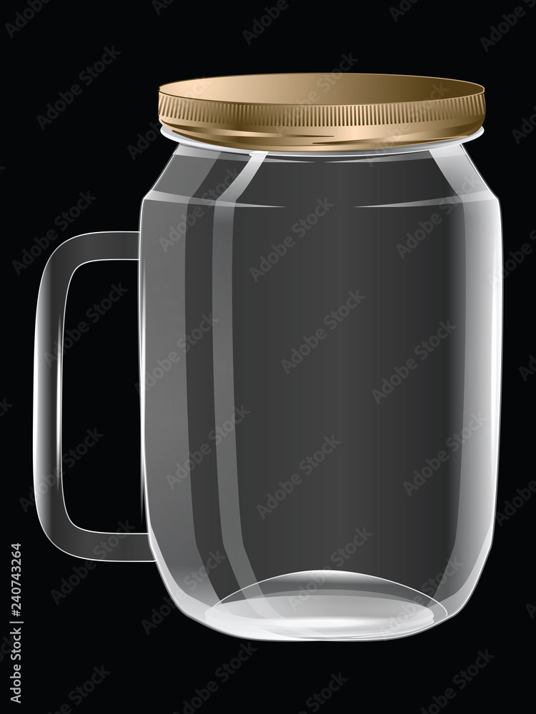 Glass jar with handle, metal lid - isolated on black background - vector. Glass jar with handle, metal lid - isolated on black background - vector.