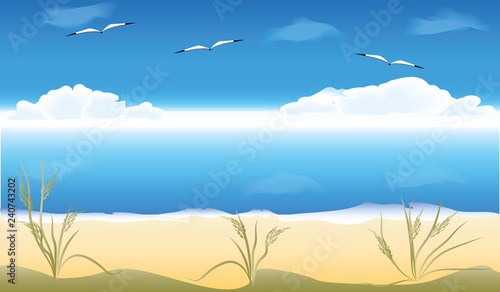 Seascape - seagulls  sky  large clouds on the horizon  sandy coast - illustration  vector