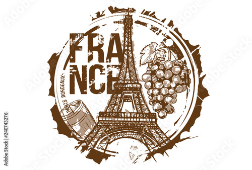 Old wood barrel and a bunch of grapes and Eiffel Tower. Bordeaux, Paris, France city design. Hand drawn illustration.