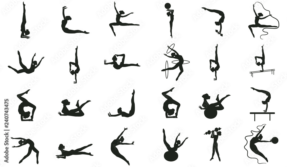 Set of fitness, pilates, yoga - twenty four stretching exercises, rings, tape, ball - detailed - vector