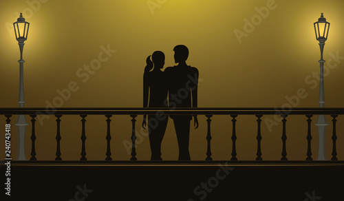 Date at night on the bridge - young boy and girl - illustration, vector