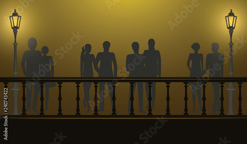 Night walk on the illuminated bridge - a pair of men and women - illustration, vector