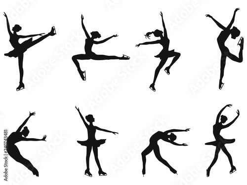 Set of winter sport - skaters - eight dancing poses of girls ice skating - detailed - vector