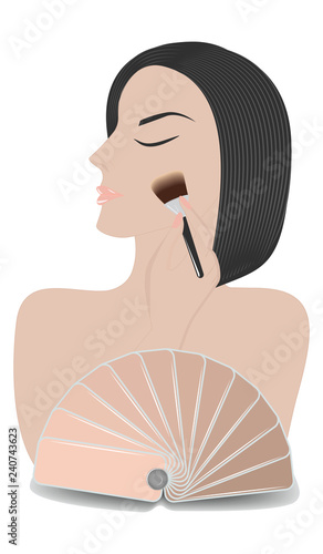 Women face - hand with brush and palette makeup foundation, fan catalog - isolated on white background - vector