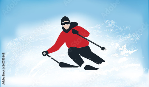 Skier in a whirlwind of snow - blue background - illustration, vector. Extreme sports