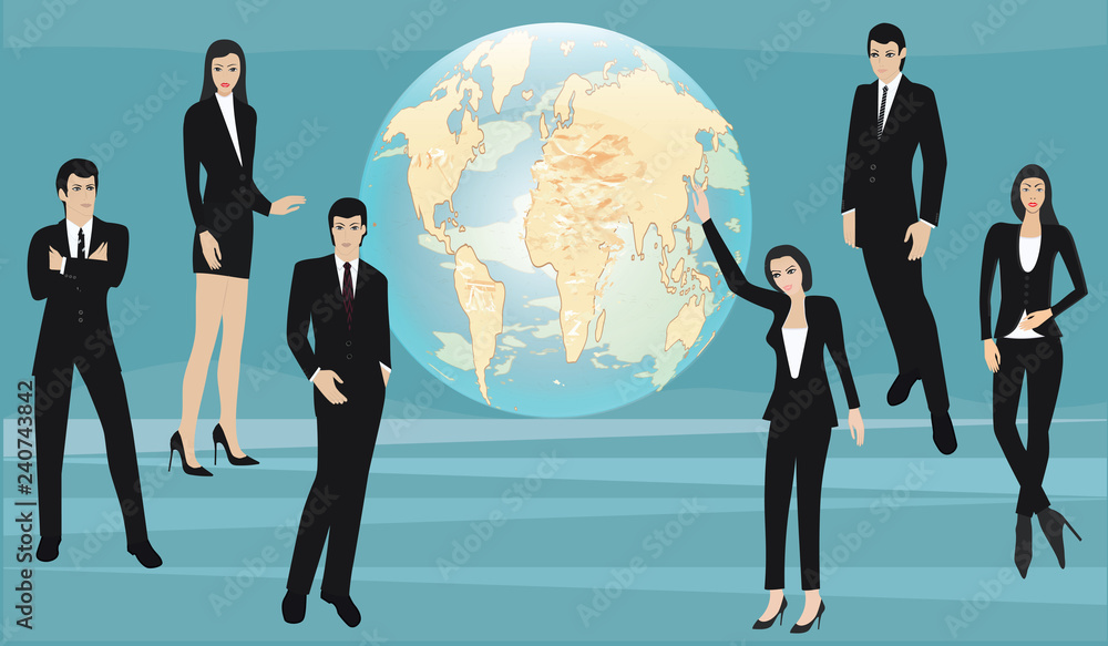 Modern young people in business suits - the globe as a symbol of global success of teamwork - vector. Modern young people in business suits - the globe as a symbol of global success of teamwork - vector.