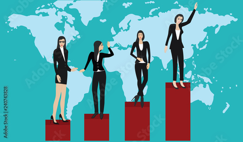 Business woman on the podium - world map background - vector. Financial Success Concept.
