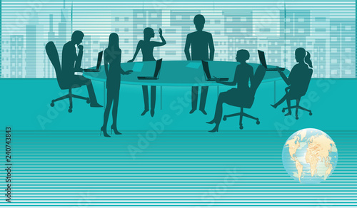 Brainstorming - team of business people at the table - big window with a view of the city - vector.