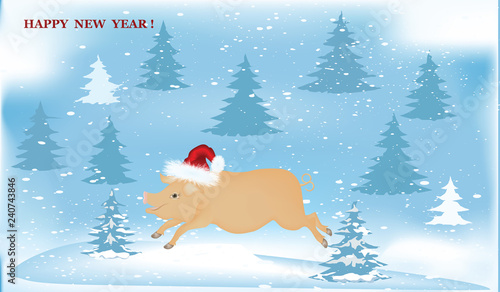 Happy New Year - banner - Pig in Santa Claus hat in the winter forest - illustration, vector © istorsvetlana