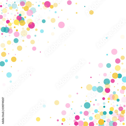 Memphis round confetti festive background in cyan blue, pink and yellow. Childish pattern vector.