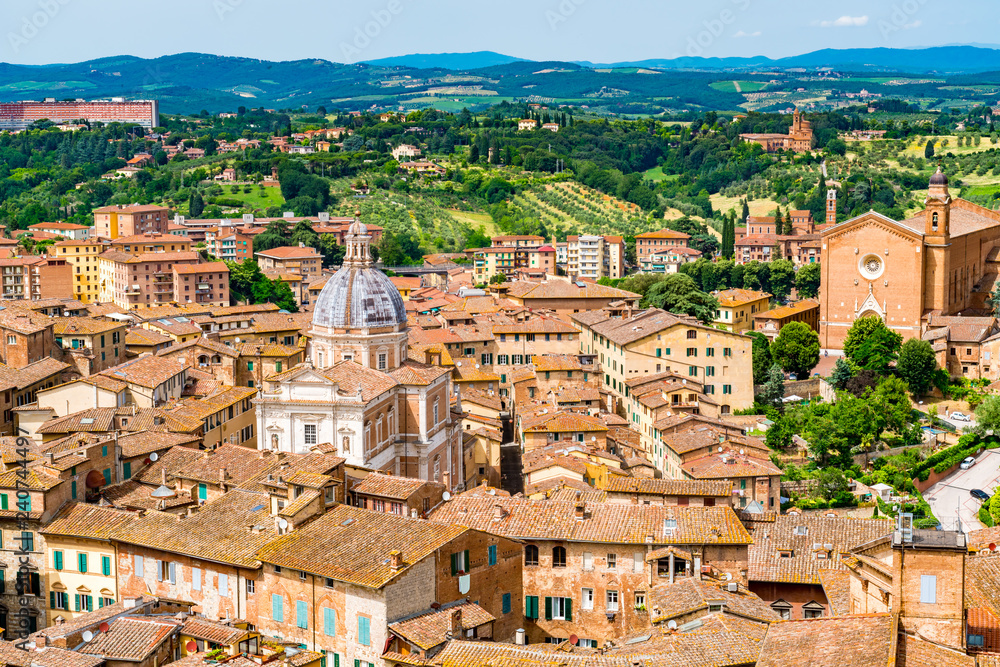 Aerial cityscape view of Siena the hill top town