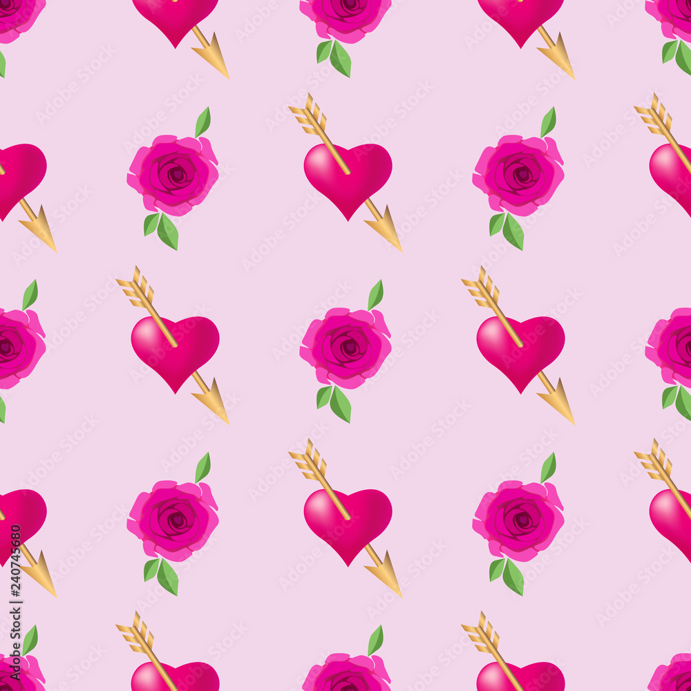 Seamless pattern background with hearts pierced by golden arrows and roses. Valentines Day holidays typography. Vector EPS10.