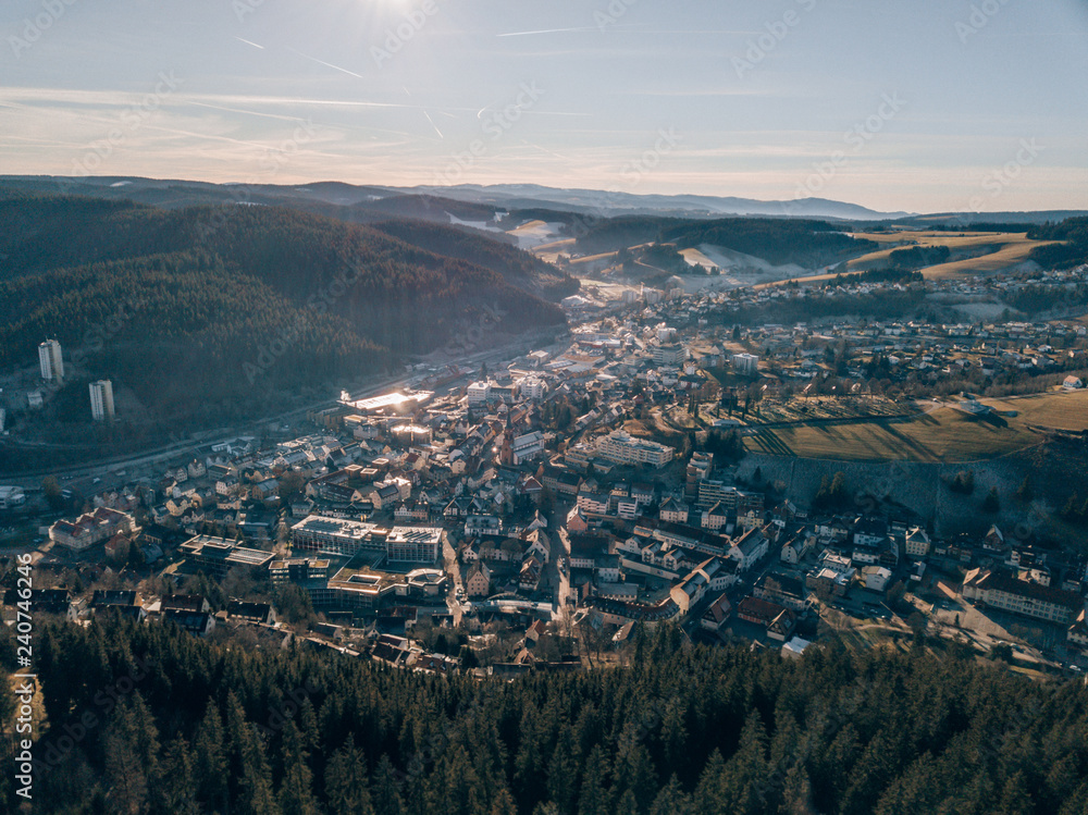 Aerial Drone shot of Furtwangen in the middle of Black Forest in Germany