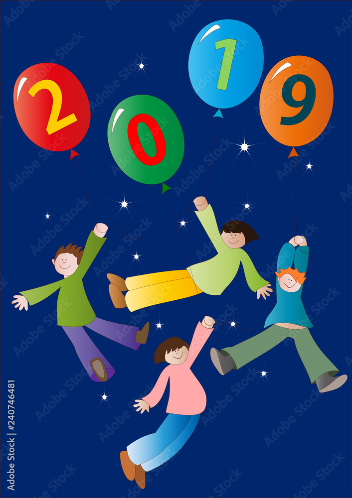 Naklejka premium anno nuovo 2019 con bambini e palloncini