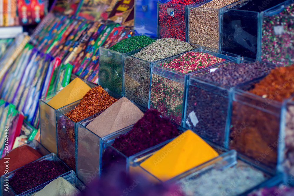 Traditional spices market with herbs and spices in Egypt. Food and travel concept
