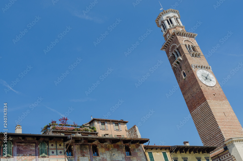 Detail of the building that overlooks the famous market in Verona in piazza erbe. The most famous market in Verona.