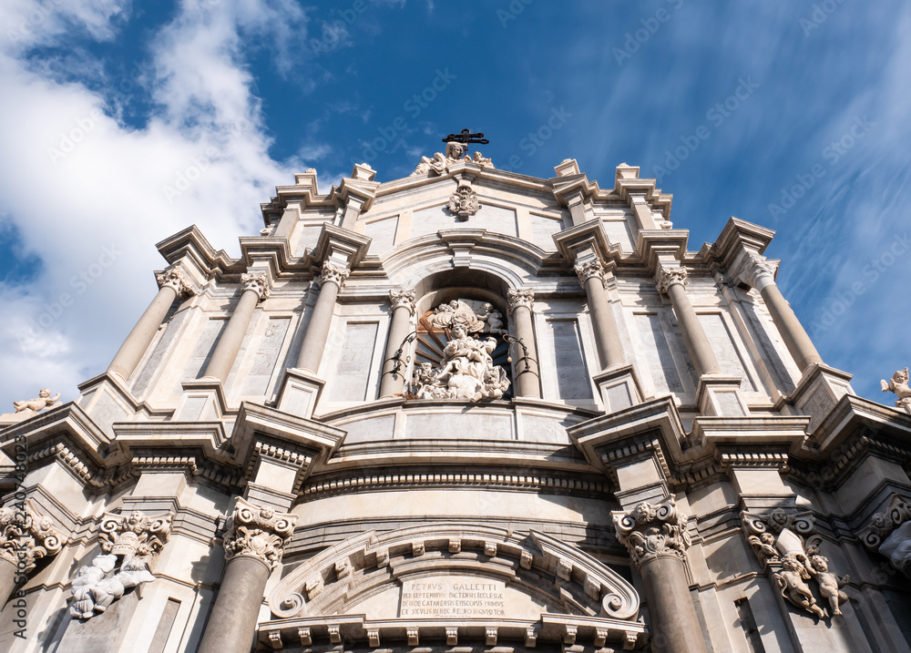 Detail of the upper part of the Cathedral of Catania, on a beautiful deep blue sky